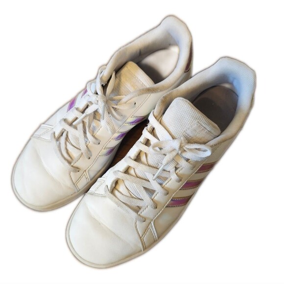 Adidas White Leather Sneakers, Clean! Silver/Holographic Stripes, 7 Men's (8.5) - Picture 2 of 8